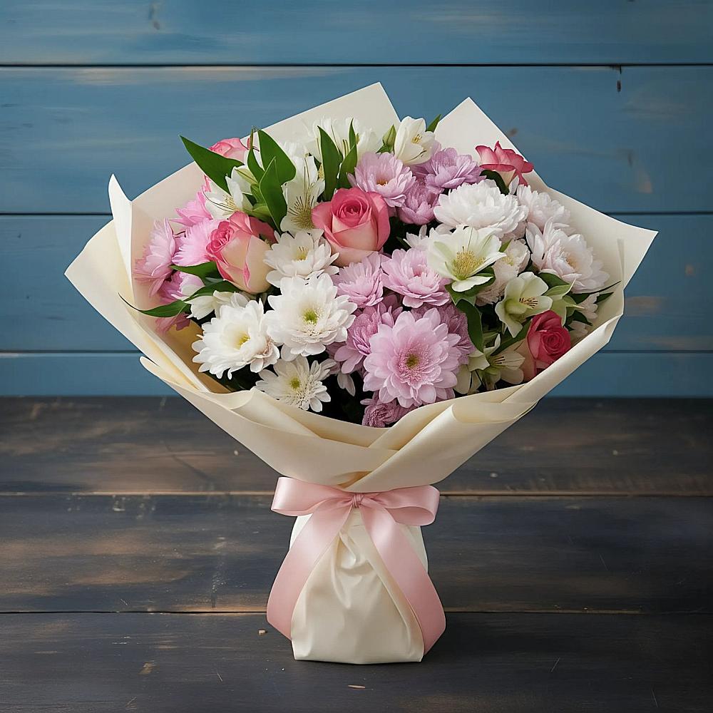 Букет цветов из: Хризантемы, Альстромерии и Розы в Мещовске